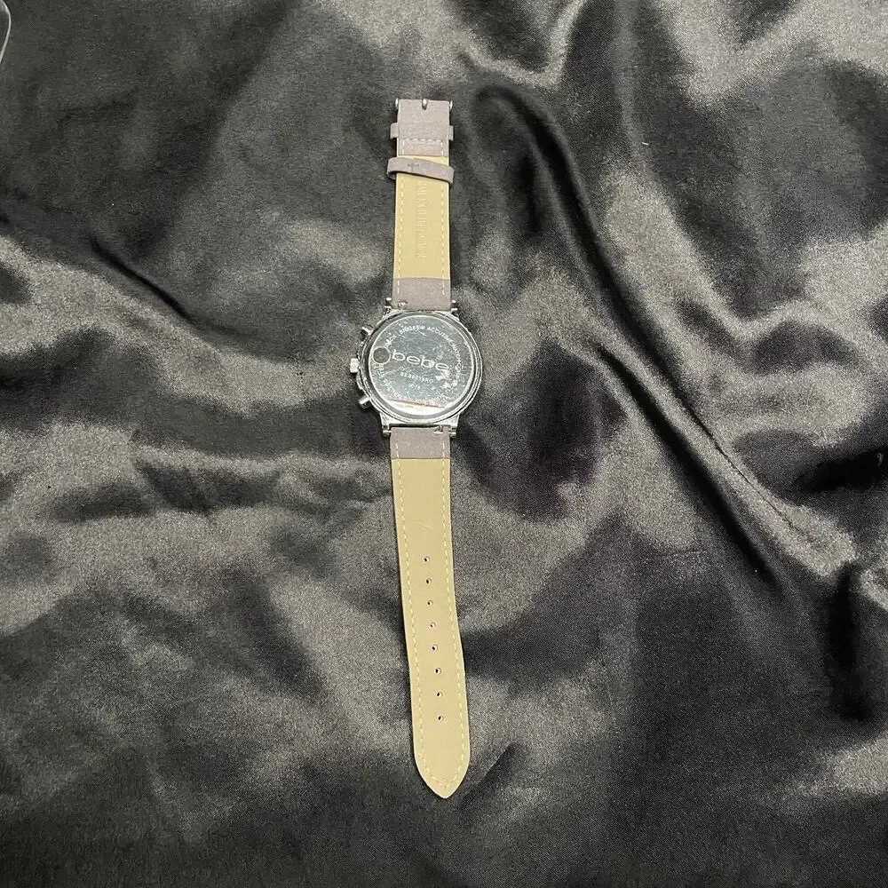 Women’s bebe Quartz Dress Watch Silver Dial Crystal Bezel Gray Leather 45mm